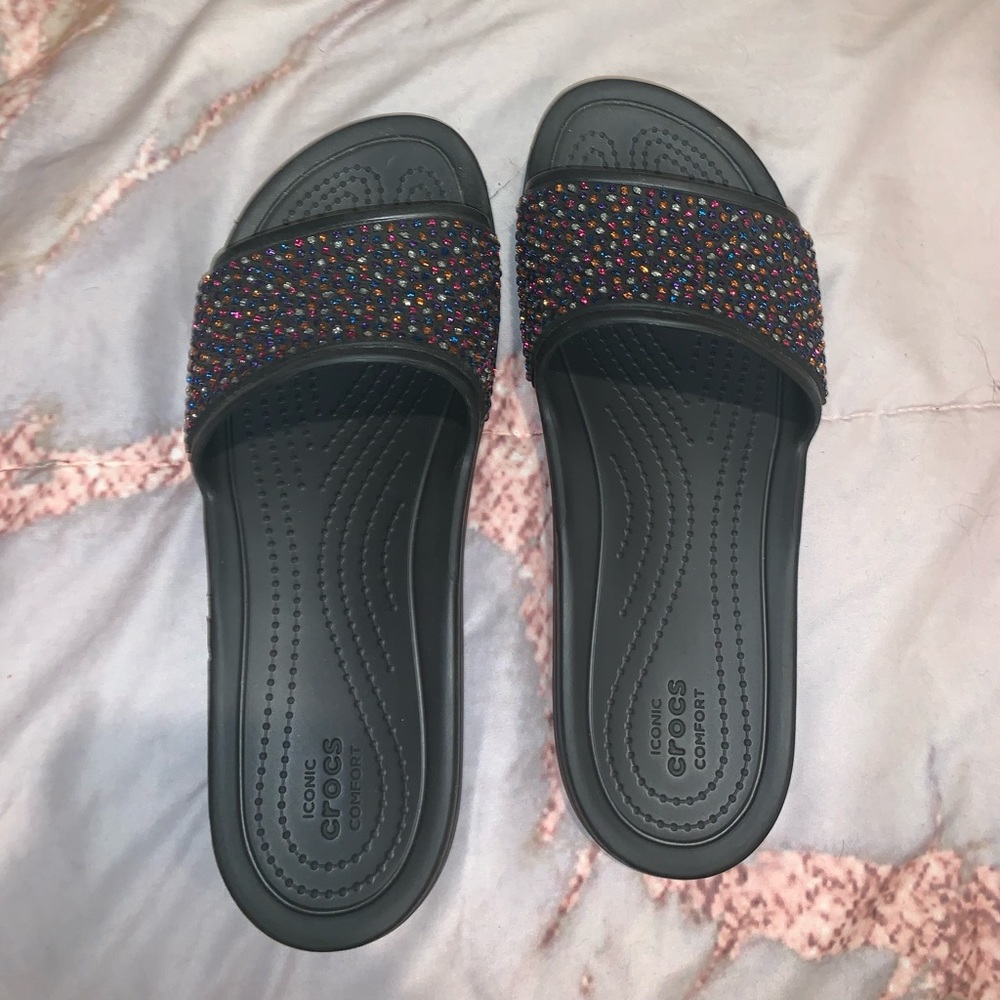crocs black bejeweled slides